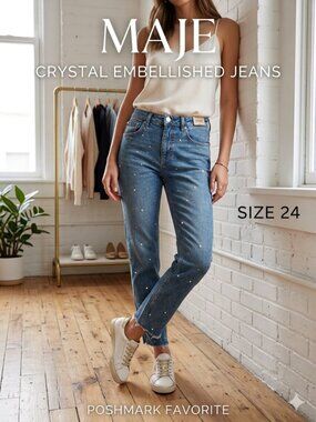 MAJE Frayed Hem Straight Leg Jeans w/ Crystals Size 24 Parisian Chic Blue Wash